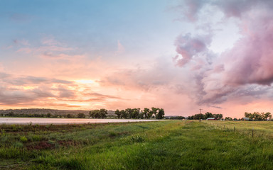 Sunset over a rural highway. Montana, USA