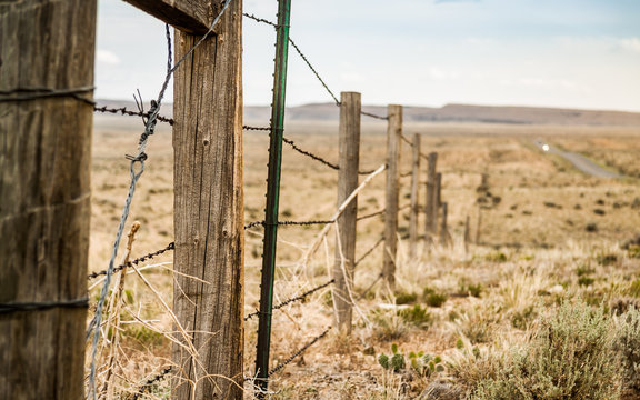 Fence line through the plains of Montana. Montana, USA