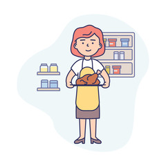 Cooking Concept. Happy Woman Is Cooking Food At The Kitchen. Woman Is Holding Baked Turkey On The Plate. Housewife Is Cooking Healthy Food. Cartoon Flat Outline Linear Vector Illustration