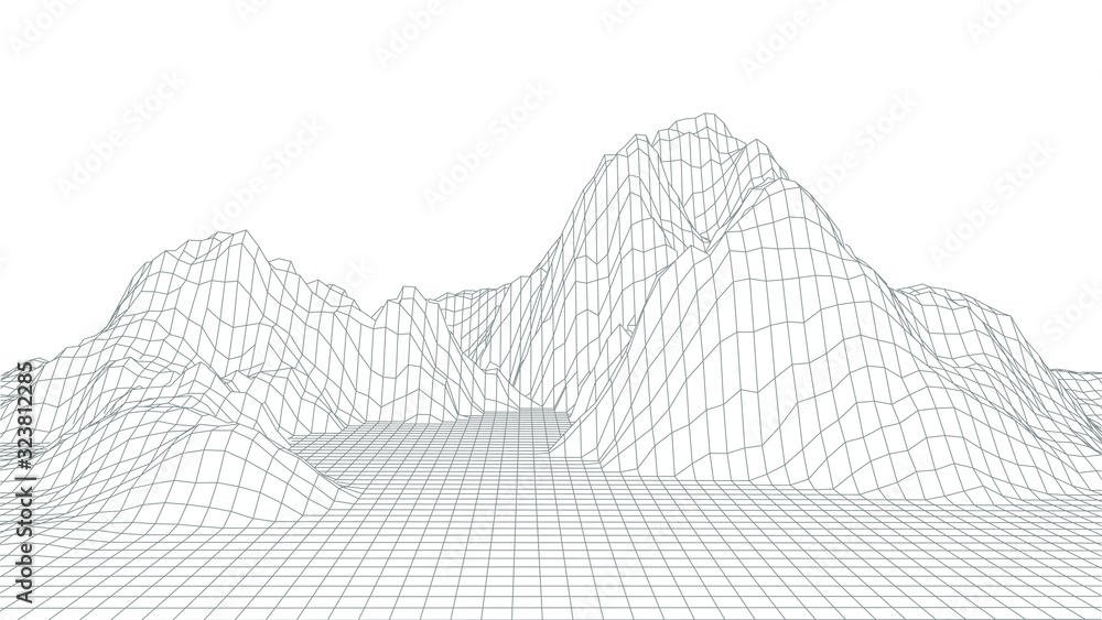 Poster wireframe landscape design on white background. technology vector grid.