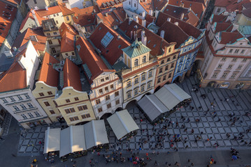 Aerial view of Prague's old town square and roofs of old ancient buildings