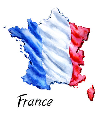 France map with the flag on the background and the inscription "France", watercolor painting on a white background, isolated.
