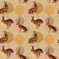 Pattern with hares. Watercolor illustration. Fashionable seamless pattern with wild hares on a sand background. Illustration for printing on dresses, fabrics, tablecloths, handkerchiefs.