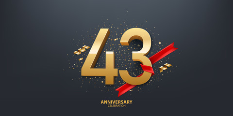 43rd Year anniversary celebration background. 3D Golden number wrapped with red ribbon and confetti on black background. - obrazy, fototapety, plakaty