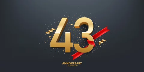 Foto op Aluminium 43rd Year anniversary celebration background. 3D Golden number wrapped with red ribbon and confetti on black background. © alex83m