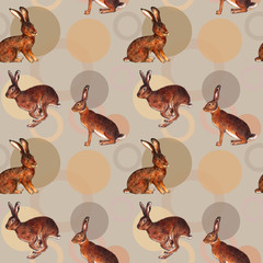 Pattern with hares. Watercolor illustration. Fashionable seamless pattern with wild hares on a gray background. Illustration for printing on dresses, fabrics, tablecloths, handkerchiefs.