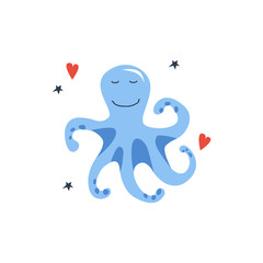 Vector handdrawn cute illustration of octopus on the white background. Concept for kids design, cute cartoon character for children room poster. Funny sea creature with hearts and stars