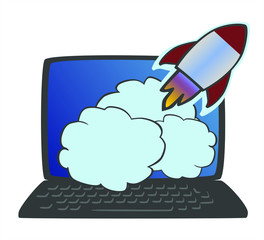 rocket_diagonally_take off_notebook_blue screen_clouds_by jziprian