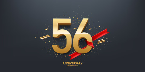 56th Year anniversary celebration background. 3D Golden number wrapped with red ribbon and confetti on black background. - obrazy, fototapety, plakaty