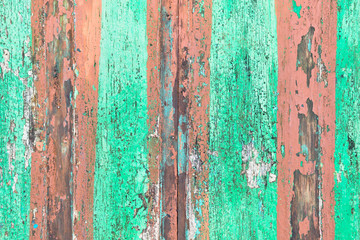 Wooden shabby fence painted in light green and lines beige color. Texture, background