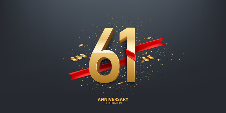 61st Year anniversary celebration background. 3D Golden number wrapped with red ribbon and confetti on black background.