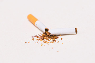 Broken cigarette on white background