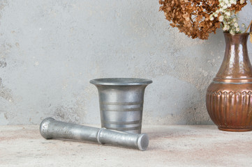 Vintage aluminum mortar with pestle