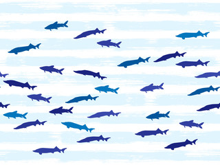 Blue school of fish swimming seamless print.