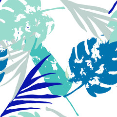 Palm, Banana Leaves Vector Seamless Pattern, Blue, White, Yellow Exotic Floral Print. Sketched 