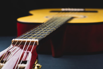 Acoustic guitar close up. musical instrument. strings on the guitar neck