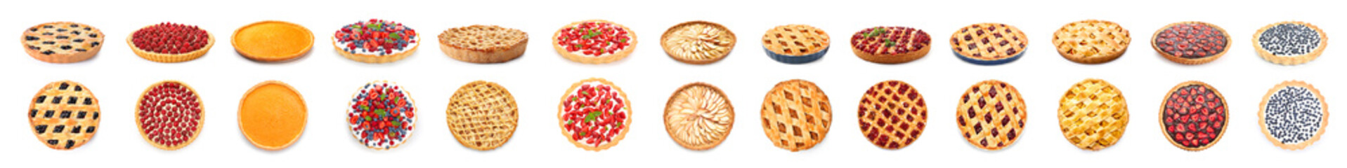 Different tasty pies on white background - obrazy, fototapety, plakaty