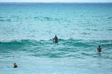 Three men surfing in the sea chasing waves