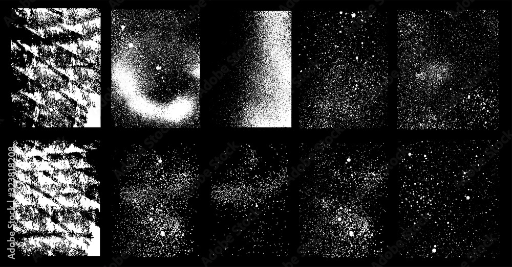Poster different paint textures, spray effect and drop ink splashes. vector grunge texture set on black bac