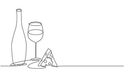 Wine glass and bottle of wine. Vector. Continuous line drawing. Vine and cheese