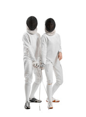 Young fencers on white background