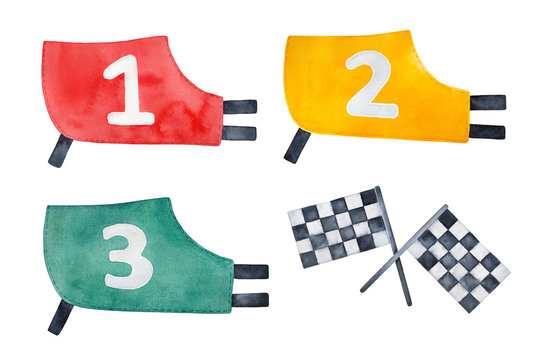 Illustration pack of racing competition form with various number labels (1, 2, 3) and in different color. Hand drawn watercolour paint on white background, cutout clipart elements for creative design.