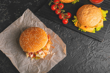 Tasty doner kebab in buns on table