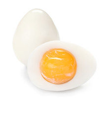 Tasty boiled eggs on white background