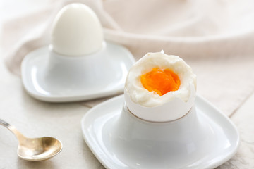 Tasty boiled eggs on table