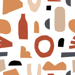 Handmade tan beige geometric abstract shapes. Seamless orange gold black white beige pattern. Stylish repeating texture. Modern. Simple. Cut paper. Trendy.