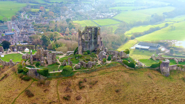 Amazing Corfe Castle in England from above - aerial view -aerial photography
