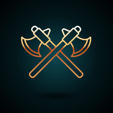 recommend clip art: Gold line Crossed medieval axes icon isolated on dark blue background. Battle axe, executioner axe. Vector Illustration