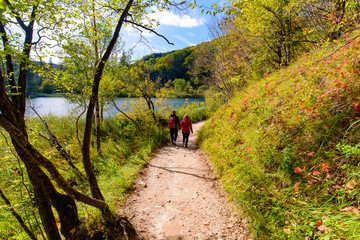 Obraz premium People walking on the trekking path at Plitvice Lakes National Park (Plitvička Jezera), a national park in Croatia