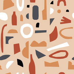 Handmade tan beige geometric abstract shapes. Seamless orange gold black white beige pattern. Stylish repeating texture. Modern. Simple. Cut paper. Trendy.