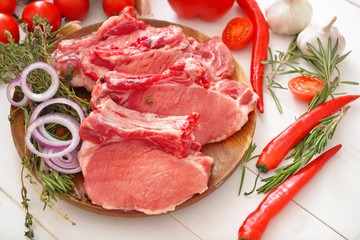 Plate with raw pork meat on table