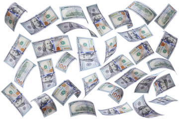 One hundred US dollar bills are falling on white background