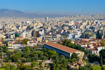 Aerial view of Stoa of Attalos at the Agora of Athens in Athens, Greece
