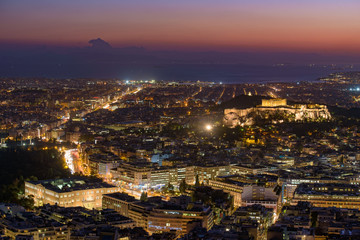Panoramic view of Athens city from Lykavittos Hill at sunset time
