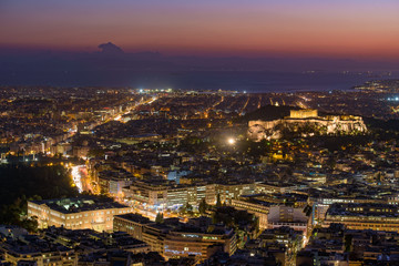 Fototapeta na wymiar Panoramic view of Athens city from Lykavittos Hill at sunset time