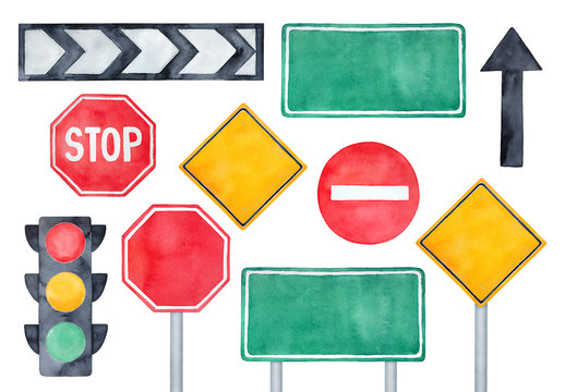 Watercolour illustration pack of various road signs, traffic lights and directional arrows. Hand painted water color sketchy drawing on white background, colorful clipart elements for creative design.