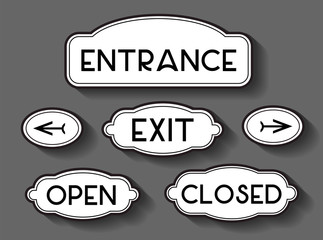 Entrance, exit, open, closed text and arrows signs.