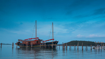 Fototapeta na wymiar Fishing boat parked at the local Pratom Village in Ko Samui, Thailand