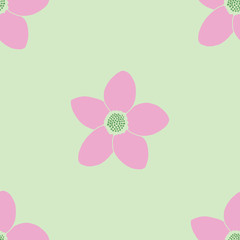 Simple pink and green floral seamless vector pattern design. Cute pink 5 petal flowers on a green background.