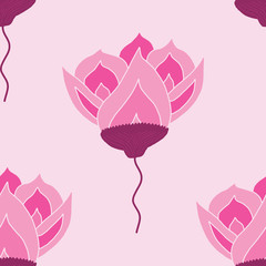 Exotic large hand drawn pink flower vector seamless pattern. Bold floral in shades of pink, perfect for wallpaper, bedding, and more. 