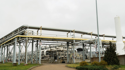 Industrial oil product storage tanks and pipelines at the oil product terminal