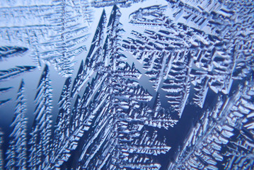 Photographing macro ice on the glass in winter Patterned like leaves