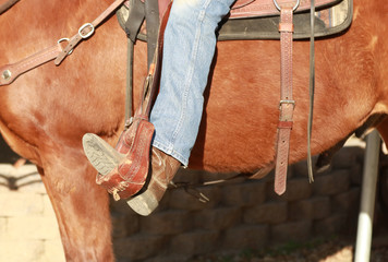 A cowboy with his boot in the stirrup positioned incorrectly.