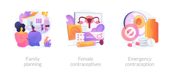 Child birth control, pregnancy prevention, prophylactic means. Family planning, female contraceptives, emergency contraception metaphors. Vector isolated concept metaphor illustrations.