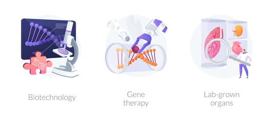 Biomedical and molecular engineering, dna molecule analysis, scientific experiment. Biotechnology, gene therapy, lab-grown organs metaphors. Vector isolated concept metaphor illustrations. - obrazy, fototapety, plakaty