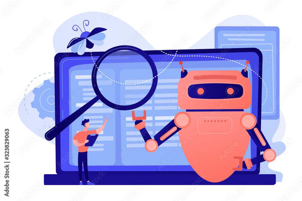 Poster controller reading regulations to robot. artificial intelligence regulations, limitations in ai deve